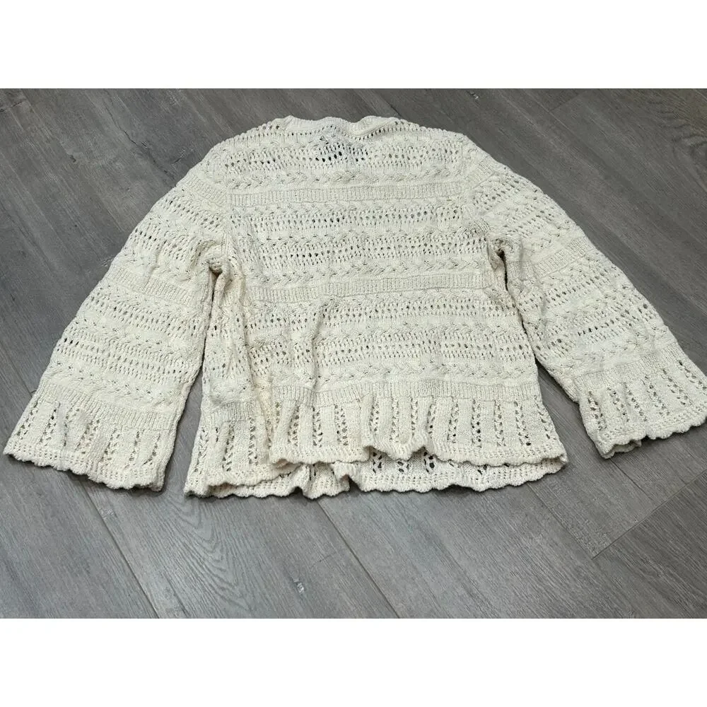 NWT‎ Madewell Womens Cream Relaxed Fit Cropped Scalloped-Trim Sweater Size Small